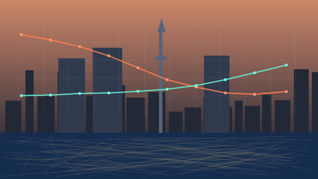 Toronto skyline and condo market trend illustration showing bottoming signals