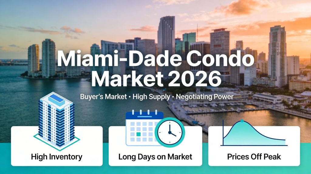 Miami-Dade condo market 2026 skyline and waterfront towers in a buyer market