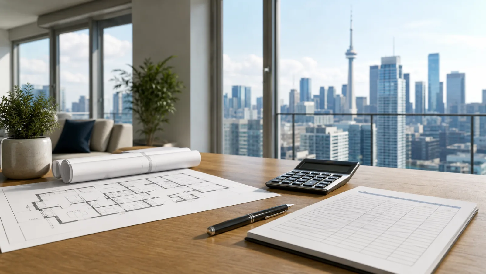 Toronto Preconstruction Condo Closing Costs: 2026 Worksheet 1 Toronto condo closing-cost worksheet with floor plan and skyline